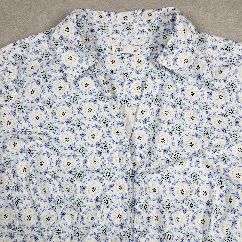 Croft &‎ Barrow Top Womens 1X Plus White Blue Floral Button Up Career Workwear